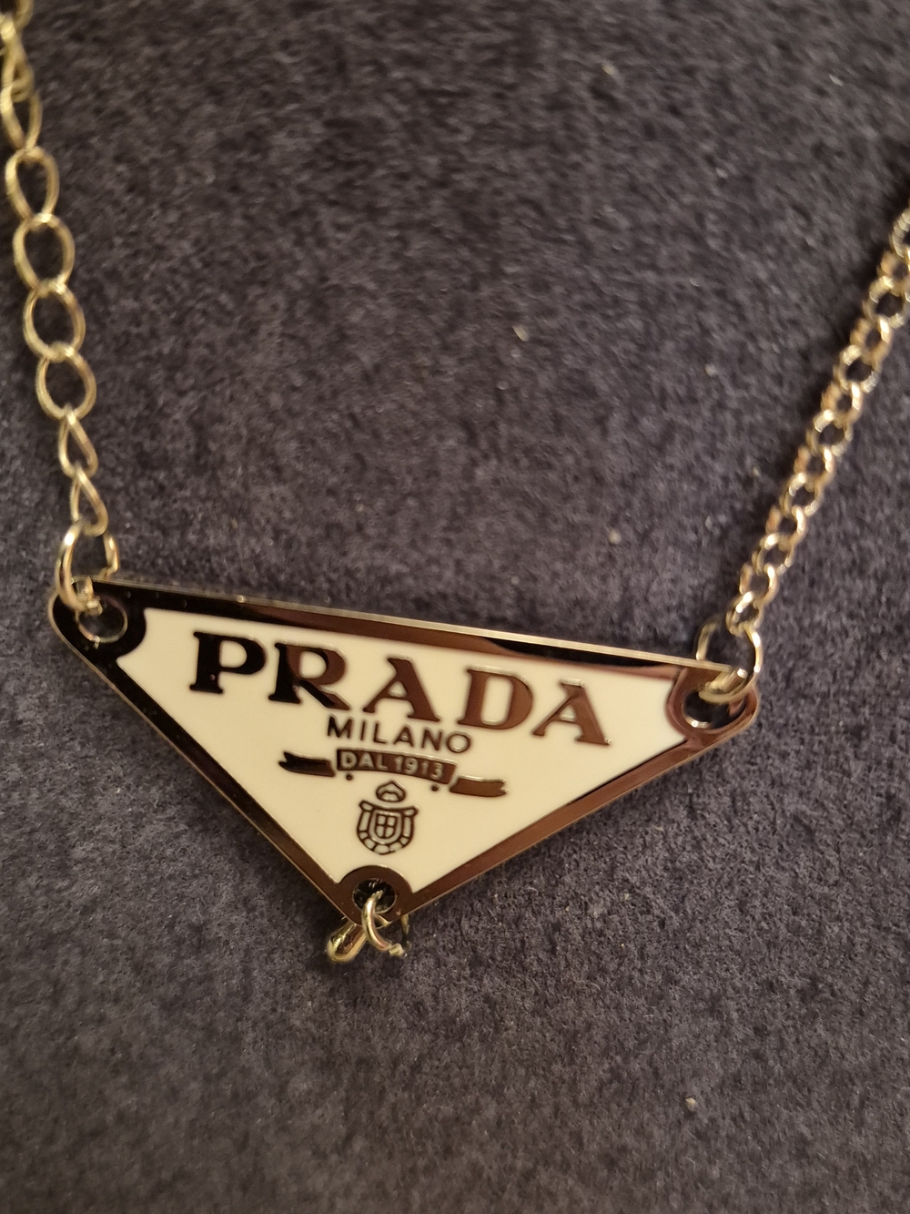 Prada Milano Triangular Logo Necklace in Silver and White